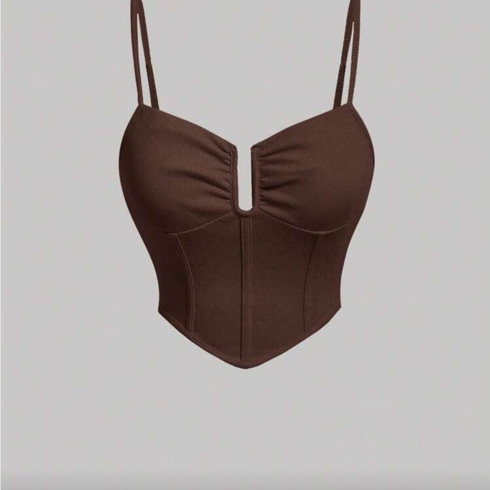Brown Cropped Ribbed Corset Top